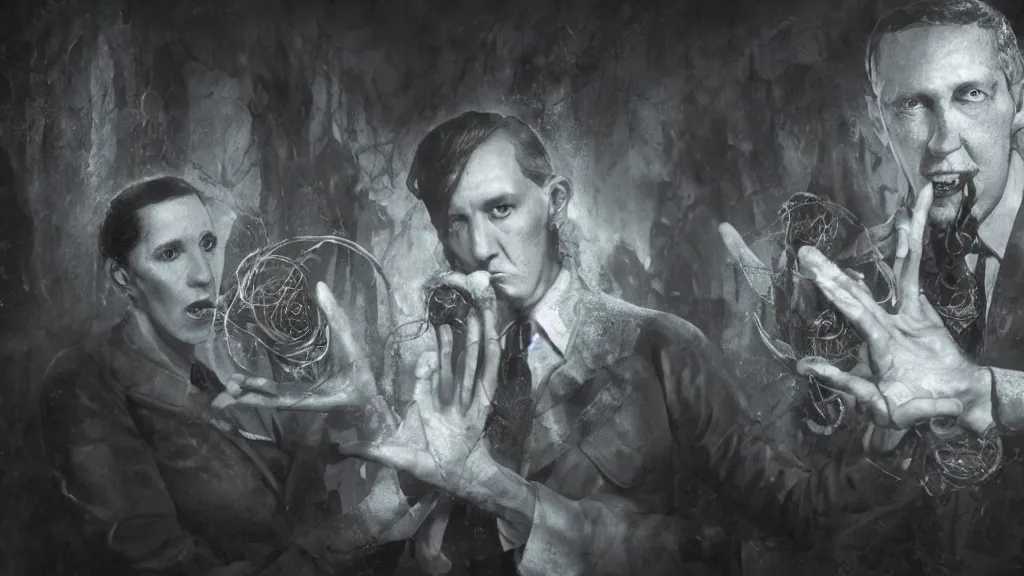 Prompt: Howard Phillips Lovecraft with eldritch being in her hands, 8K, concept art, filmic, HDR, hyperrealism, volumetric lighting, horror, Dark art