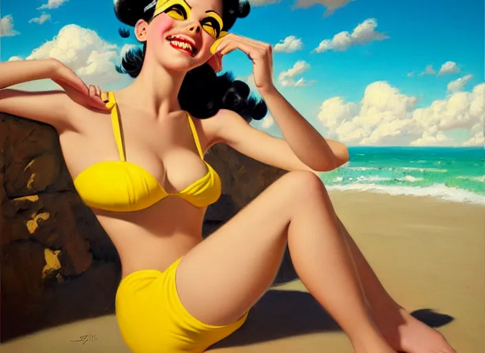 Image similar to the style of the artist gil elvgren, a girl with black hair, overwatch tracer, with a very beautiful symmetrical face, a smile on her face, tanned skin, in a yellow bikini, against the background of a sea beach, in art style, high detail, digital painting, hyperrealism