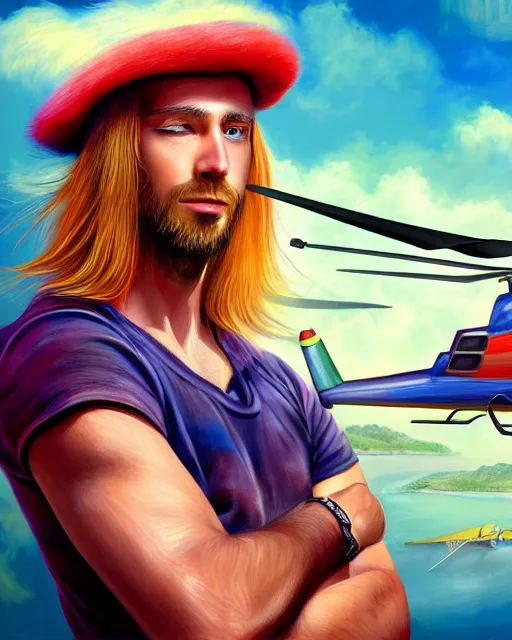 Prompt: colorful painting of a man with long blond hair with a helicopter hat, no beard, matte painting, trending on art station, ultra - detailed, hq