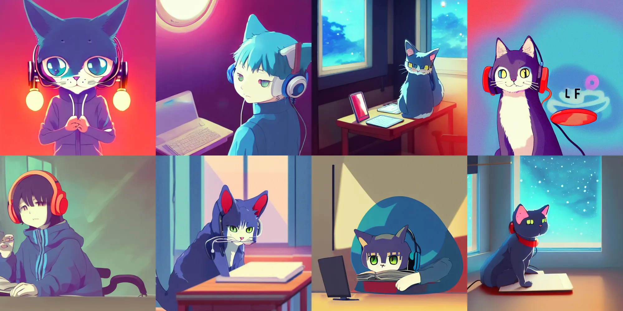 Prompt: lo - fi anime cat, wearing a blue cardigan and red aesthetic lo - fi headphones, studying in a brightly lit room, a lamp hovers above as it illuminates the room, nighttime!!!!!!, cgsociety contest winner, artstation, golden ratio, dim lighting, studio ghibli!!!, 4 k