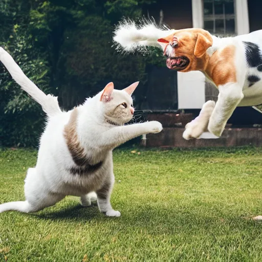 Image similar to a cat fighting a dog, professional photography