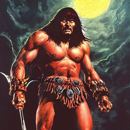 Prompt: “ conan the barbarian holds great 🪓 up to a giant black 🕷, with red eyes. ” painted by val semeiks, john buscema, ernie chan and earl norem.