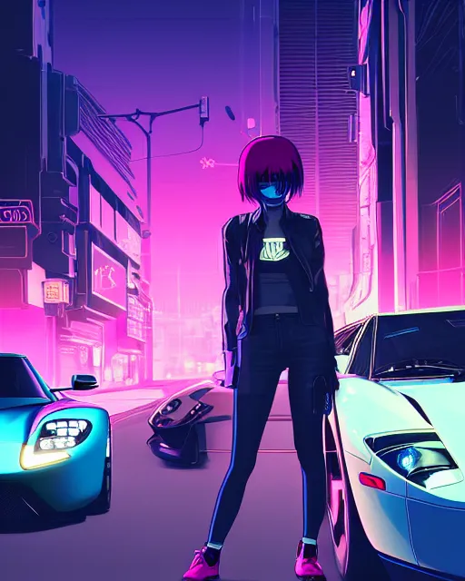 Image similar to digital illustration of cyberpunk pretty girl with pink hair, standing by a blue ford gt in a street at night, under streetlights, by makoto shinkai, ilya kuvshinov, lois van baarle, rossdraws, basquiat