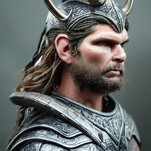 Image similar to of a viking from valhalla, wearing the horned helmet ultra fine detail, hair strands, ultra high resolution, fine texture detail, miniature painting techniques, perfect proportions, marvel cinematic universe, eric bana