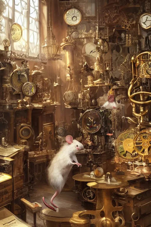 Prompt: Mouse with a pompadour visits the steampunk watchmakers clock workshop by Ruan Jia, concept art, 4k, hyper detailed digital art