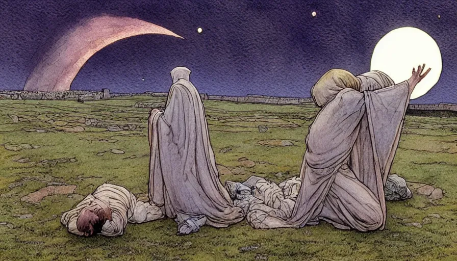 Image similar to a realistic and atmospheric watercolour fantasy concept art of a golden ufo landing in stonehenge. a giant medieval monk in grey robes on his knees praying. a crescent moon in the sky. muted colors. by rebecca guay, michael kaluta, charles vess and jean moebius giraud