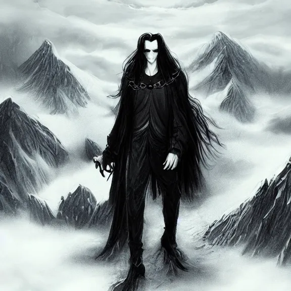 Image similar to long black hair handsome vampire lord, snowy mountains, illustration, concept art, chiaroscuro, field of depth, fantasy, grim, dark