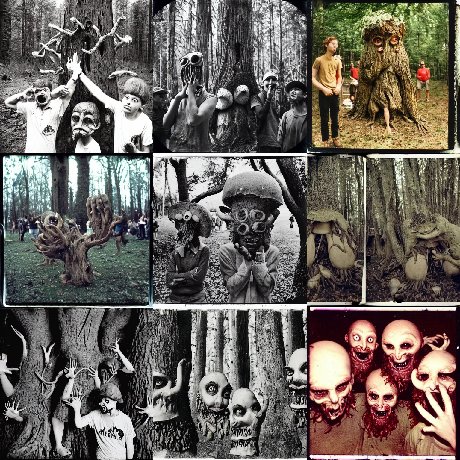 Prompt: mushroom - eating competition, critical moment, terrifying tree monster with distorted faces made of bark, lovecratftian horror, pans labyrinth, shot on expired instamatic film