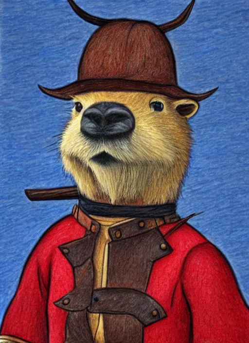 Prompt: detailed colored pencil drawing of a anthropomorphic capybara as a pirate
