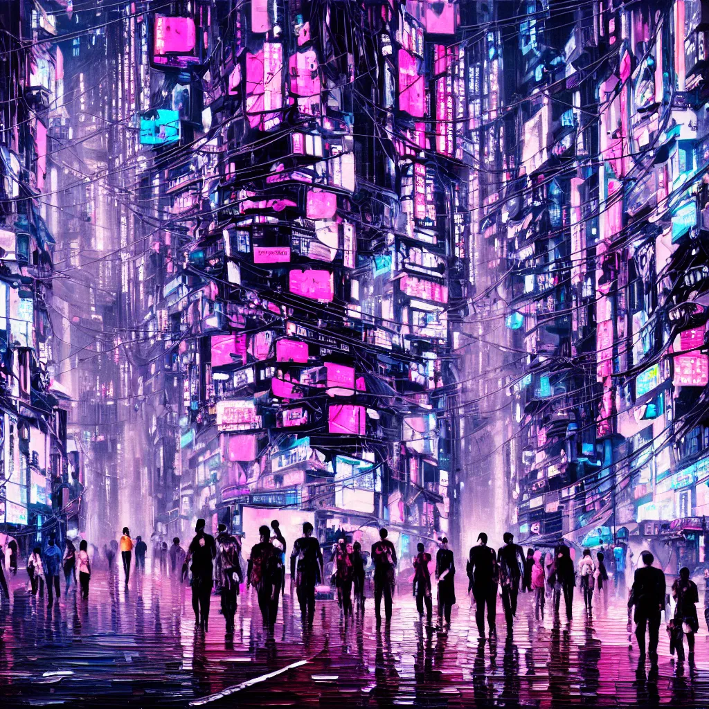 Prompt: oil painting of an overpopulated, busy, dark cyberpunk metropolis, fuchsia and blue, people walking in the streets packed like sardines, smog, tv screens, drones flying cars and hoverboards in the air, tokyo inspired, textured
