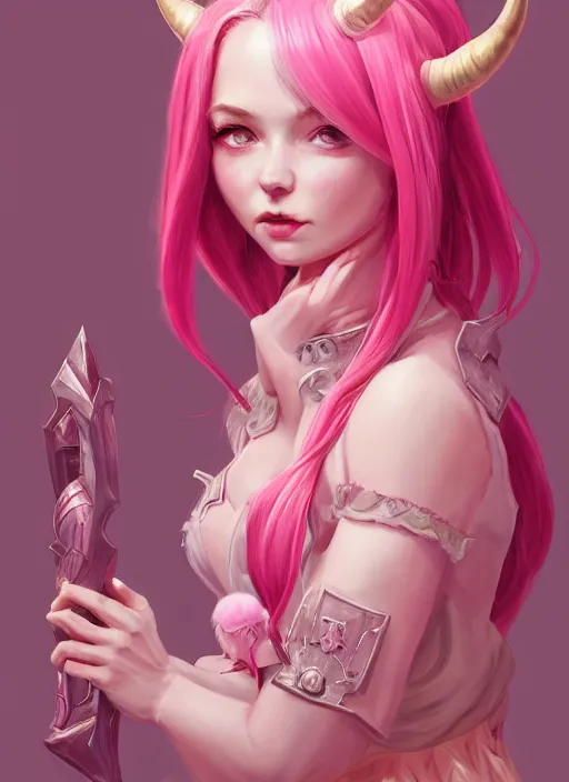 Prompt: a highly detailed illustration of cute smug pink haired pale girl with horns wearing pink dress, dramatic smirk pose, intricate, elegant, highly detailed, centered, digital painting, artstation, concept art, smooth, sharp focus, league of legends concept art, wlop.