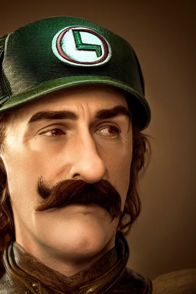 Image similar to very very intricate photorealistic photo of a realistic human version of luigi wearing his hat in an episode of game of thrones, photo is in focus with detailed atmospheric lighting, award - winning details