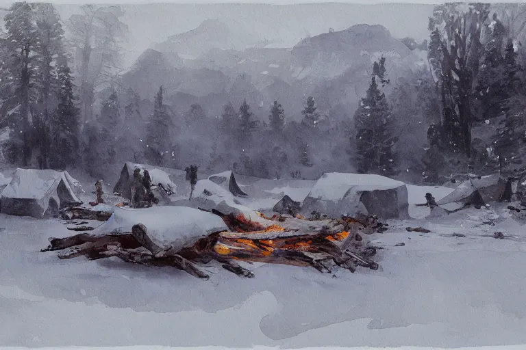 Prompt: small centered on white watercolor paper, paint brush strokes, abstract watercolor painting of scandinavian hunter tent camp, smoking log fire, midday sharp light, cinematic light, american romanticism by hans dahl, by jesper ejsing, by anders zorn, by greg rutkowski, by greg manchess, by tyler edlin