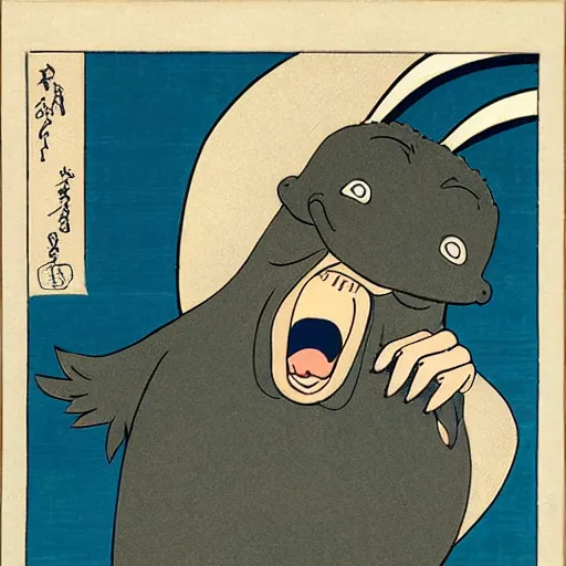 Image similar to animated platypus laughing and holding phone, Hokusai