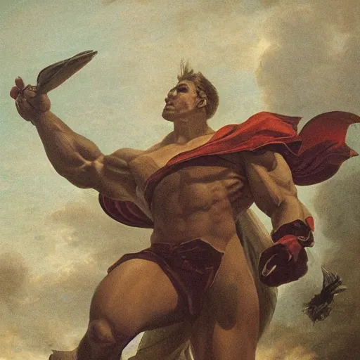 Image similar to a muscular white heroic man riding a giant bird