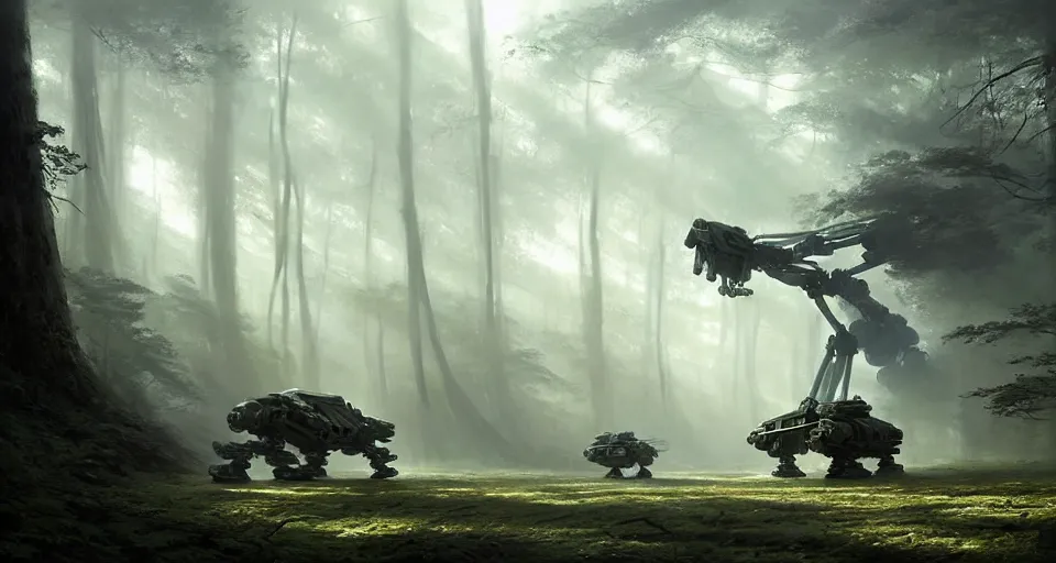 Image similar to hyper realistic sci - fi matte concept art painting of giant battlemech walking through a forest, beautiful details, strong composition painted by kim jung guweta studio rutkowski, james gurney and greg rutkowski, and lucasfilm, smooth, intricate, detailed, sharp focus, cinematic