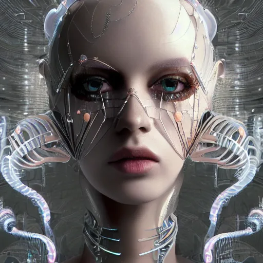 Image similar to closeup portrait of an absurdly beautiful, graceful, sophisticated, fashionable cyberpunk mechanoid gravure idol, ultrafine hyperdetailed illustration by irakli nadar, matt wisniewski style, marvel comics, intricate linework, porcelain skin, neon jellyfish headdress, ivory carved ruff, unreal engine 5 highly rendered, global illumination, radiant light, detailed and intricate environment