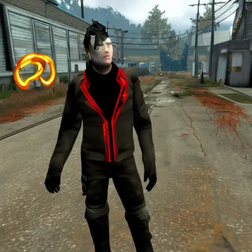 Image similar to a screenshot of Gerard Way in Half-Life 2