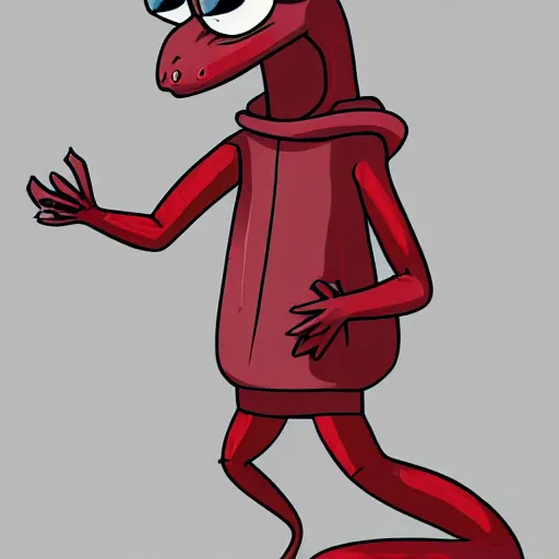 Image similar to cartoonish, anthro lizard guy, wearing a hoodie, standing on two feet, large friendly eyes, digital art, character illustration.
