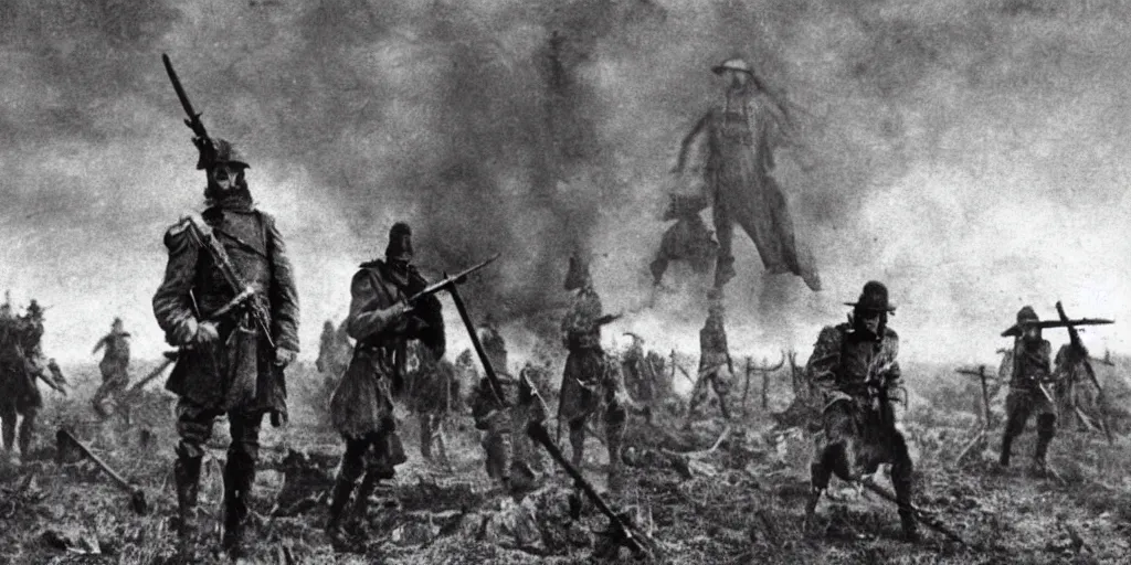 Image similar to scary unproportionable tall ghost creature in the middle of a battlefield, 1900s picture