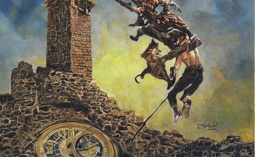 Image similar to a boy fighting a wolf on the edge of a clocktower, by josh kirby gouache, print