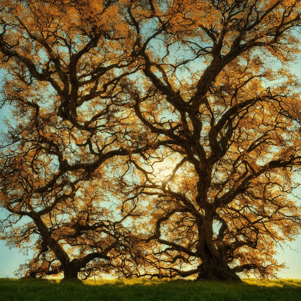 Prompt: lonely old oak with foliage in winter, spring, summer and autumn colors, the tree is growing on a meadow, cinematic lighting, photo realistic image, 4K, super detailed, cinematic look