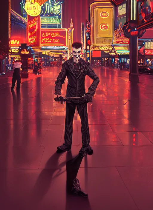 Image similar to 35mm kodak portra photograph of a shadowrun vampire on the Las Vegas strip at night by tomer hanuka and tom bagshaw, handsome face, blood, urban fantasy, hyper realism, high detail, octane render, 8k, trending on artstation, CGsociety, concept art