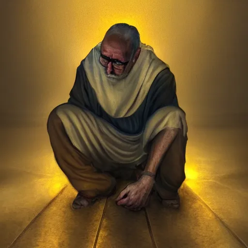 Prompt: An old catholic priest kneeled in fervent prayer. He is looking above him. His eyes are wide open with fear. Ominous dramatic yellow lighting. Overhead view, award-winning digital art, trending on ArtStation