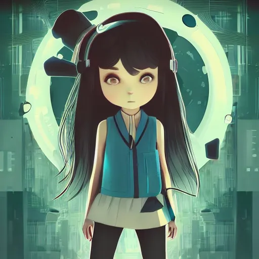 Image similar to Frequency indie album cover, luxury advertisement, white, indigo and teal colors. highly detailed post-cyberpunk sci-fi close-up schoolgirl in asian city in style of cytus and deemo, mysterious vibes, by Ilya Kuvshinov, by Greg Tocchini, nier:automata, set in half-life 2, beautiful with eerie vibes, very inspirational, very stylish, with gradients, surrealistic, postapocalyptic vibes, depth of filed, mist, rich cinematic atmosphere, perfect digital art, mystical journey in strange world, bastion game, arthouse