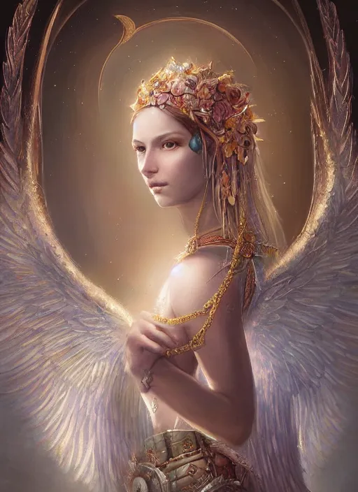 Image similar to A beautiful digital painting of a female Seraphim full of jewels, princess, the moon behind her, intricate, cinematic lighting, highly detailed, digital painting, Artstation, concept art, smooth, sharp focus, illustration, art by Tom Bagshaw, Artgerm and Greg Rutkowski