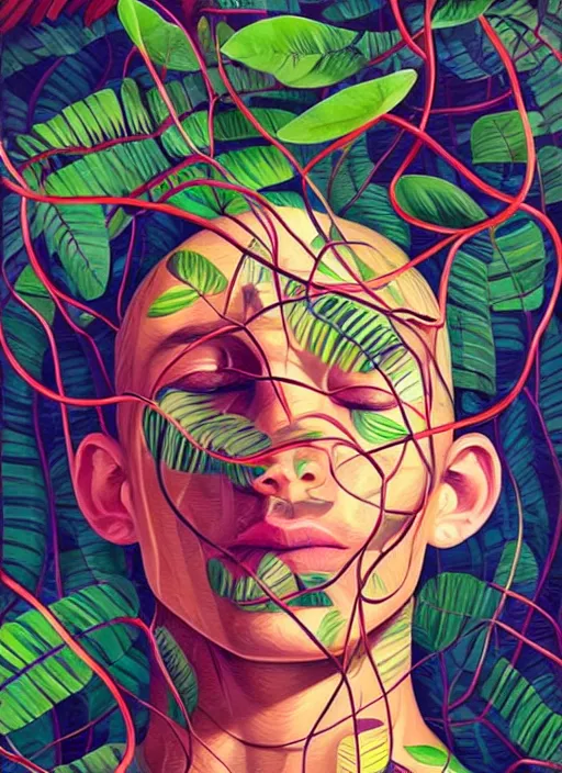 Prompt: brain made out of jungle leaves and vines, afremov, tristan eaton, victo ngai, artgerm, rhads, ross draws, hyperrealism, intricate detailed