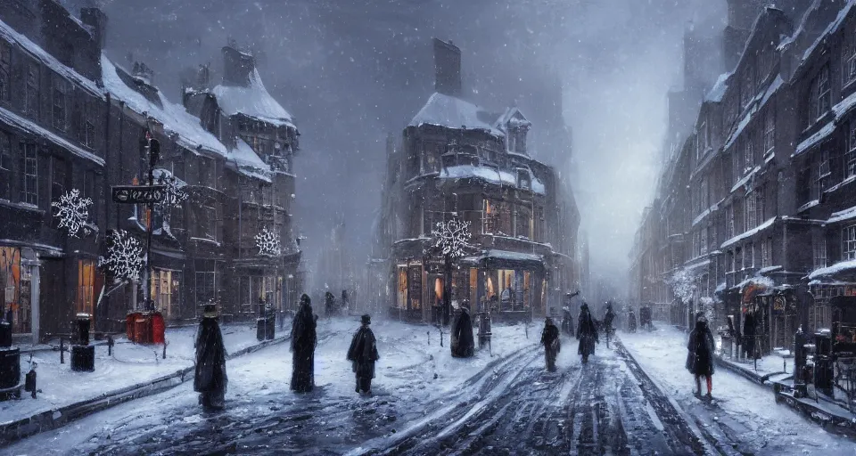 Image similar to snowy christmas victorian london, street scene, street level, whitechapel, hyperdetailed, artstation, cgsociety, 8 k