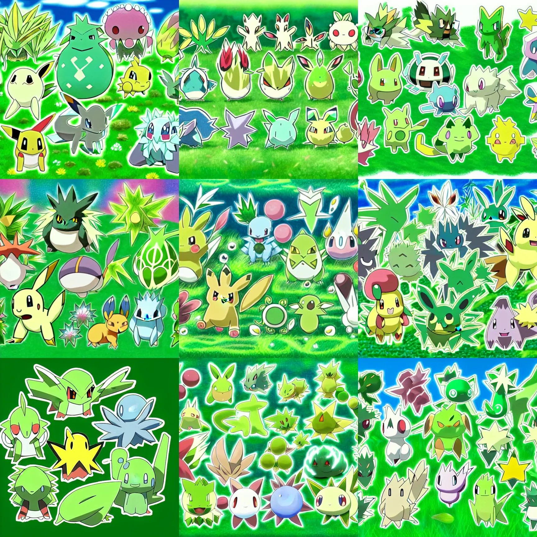 Prompt: official art of a diverse crowd of Grass-type Pokémon, by Ken Sugimori and Junichi Masuda, whitespace, Bulbapedia, Pokémon logo, Tangela Bellsprout Roselia Bellossom Sunflora