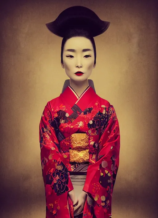 Image similar to portrait of a stylish futuristic geisha, with a red kimono with japanese golden signs written on it, kintsugi, modern fine art, fractal, intricate, elegant, highly detailed, digital photography, subsurface scattering, in the style of ghost, by jheronimus bosch and greg rutkowski,