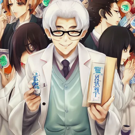 Image similar to portrait of crazy pharmacist, anime fantasy illustration by tomoyuki yamasaki, kyoto studio, madhouse, ufotable, trending on artstation