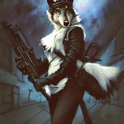 Prompt: [-H 576] [-W 1024] [-C 11] [-n 6] [-i] [prompt digital painting of a anthropomorphic wolf police officer with white fur. Renowned character illustration by greg rutkowski, thomas kindkade, alphonse mucha, loish, norman rockwell. Trending on Artstation.]