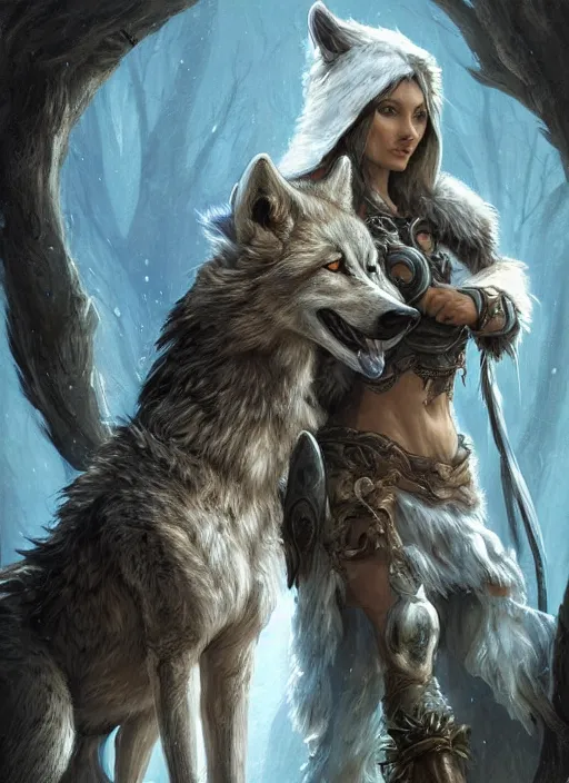 Image similar to digital _ painting _ of _ a female druid with her wolf companion _ by _ filipe _ pagliuso _ and _ justin _ gerard _ symmetric _ fantasy _ highly _ detailed _ realistic _ intricate _ port