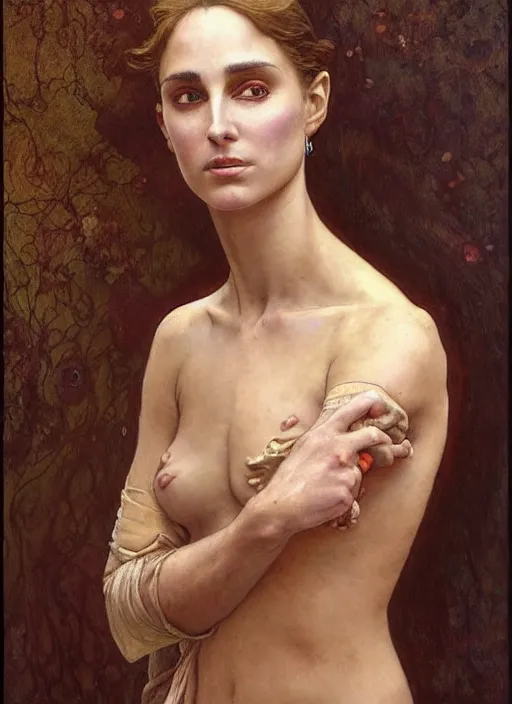 Prompt: hyper realistic portrait painting of princess nathalie portman in the style of wayne barlowe, gustav moreau, goward, gaston bussiere and roberto ferri, santiago caruso, and austin osman spare, bouguereau, alphonse mucha, saturno butto, beksinski, sorayama and moebius. occult art, alchemical diagram