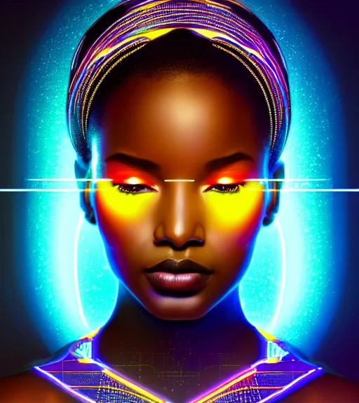 Image similar to symmetry!! african princess of technology, solid cube of light, hard edges, product render retro - futuristic poster scifi, lasers and neon circuits, beautiful dark skin african princess, intricate, elegant, highly detailed, digital painting, artstation, concept art, smooth, sharp focus, illustration, dreamlike, art by artgerm