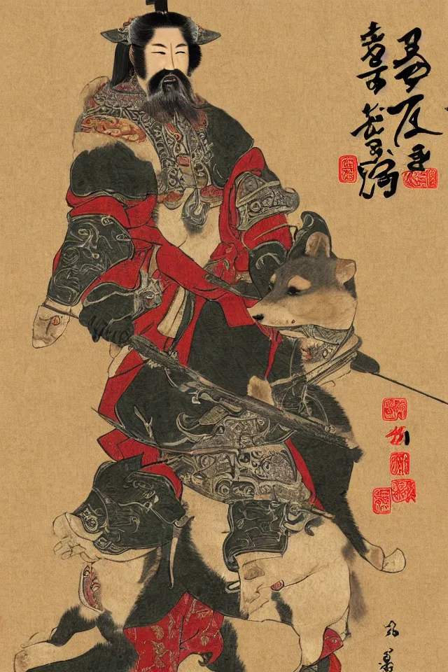 Image similar to a portrait of guan yu as a shiba inu, in the art style of han - era art, three kingdoms artsyle, artistic 4 k