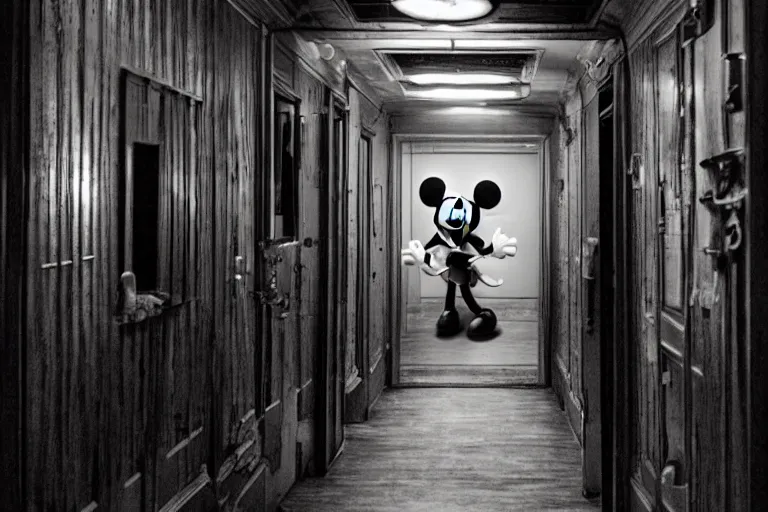 Image similar to a photo of a very long backrooms hallway with a creepy looking mickey mouse at the end of the hallway, staring with an evil grin, dark, horror, detailed, hd