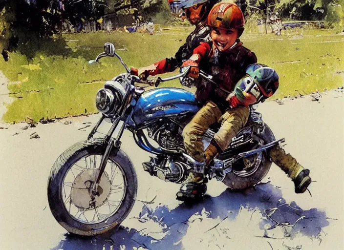 Image similar to a copic maker illustration of a boy on a motorcicle at high speed in santiago de chile by john berkey norman rockwell