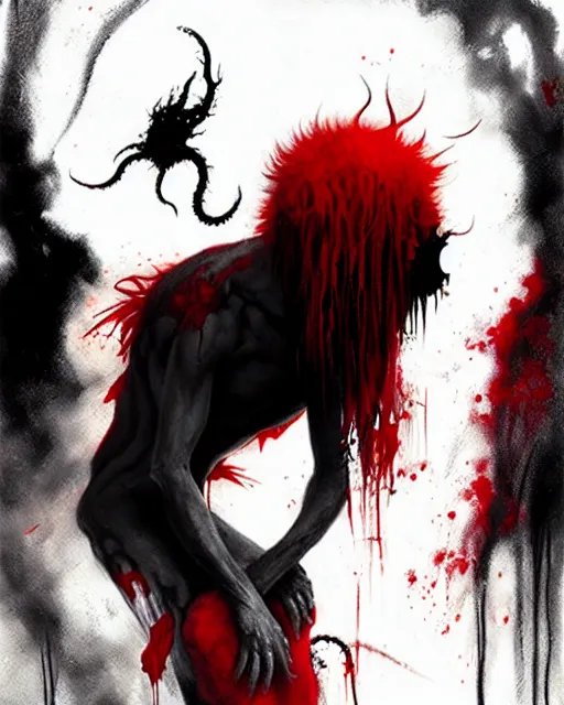 Image similar to disturbing grunge still of a lovecraftian demon infested gonzo. horror colored ink art, by greg tocchini, by tom bagshaw, by henry asencio, by kikuchi hideyuki, white, red, black, crimson and grey gradient color scheme