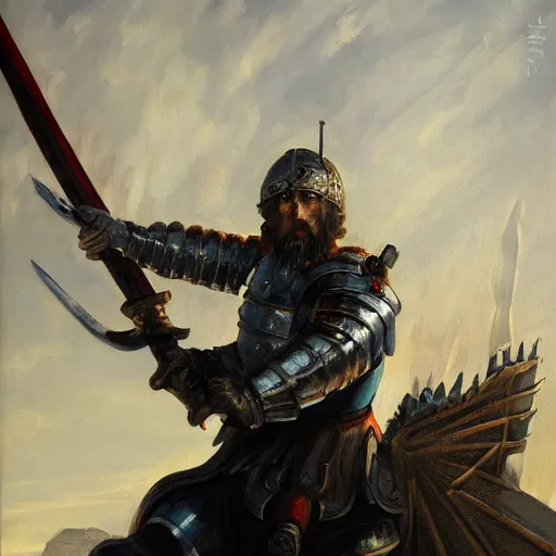 Image similar to realistic painting image of a templar knight with one mechanical hand carrying a fire sword and wielding it at the ice dragon. dramatic scene, realism, created by gustave courbet and michaelangelo, trending in artstation, fine art, smooth draw with oil painting.