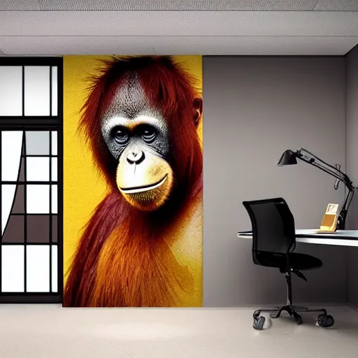 Prompt: do you want to draw an orangutan in an empty 9 0 s office building with no windows doors or furniture the building has brown carpet and yellow wallpaper as an anime?