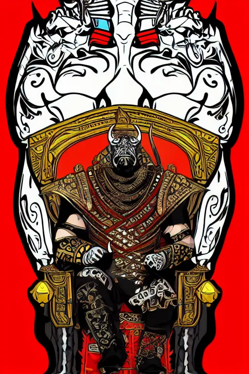 Image similar to A portrait of a bull as evil warlord general on skull throne, sticker, Anthropomorphized, portrait, highly detailed, colorful, illustration, smooth and clean vector curves, no jagged lines, vector art, smooth