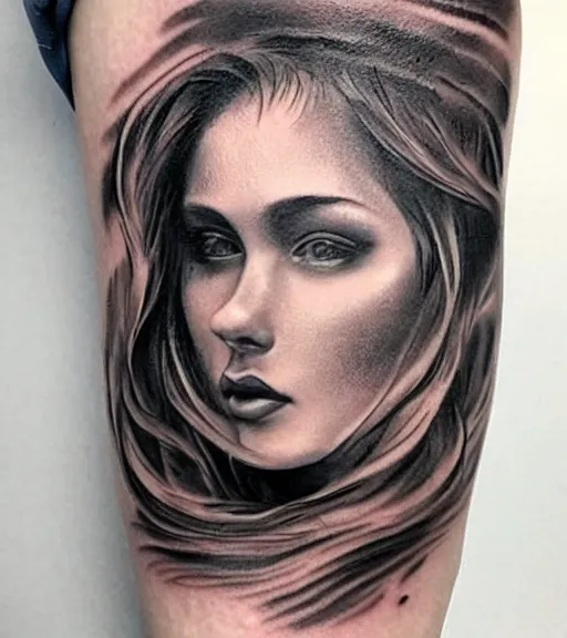 Image similar to tattoo design sketch of a beautiful woman face with a faded background of beautiful mountains and nature on the side, hyper - realistic, in the style of den yakovlev, amazing detail, black and white