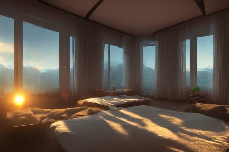 Image similar to a futuristic furnished bedroom with a large window at sunset, godrays, luxury furnish, white bed, complementary colors, warm lighting, path traced, highly detailed, high quality, concept art, 8k, calm, trending on Artstation