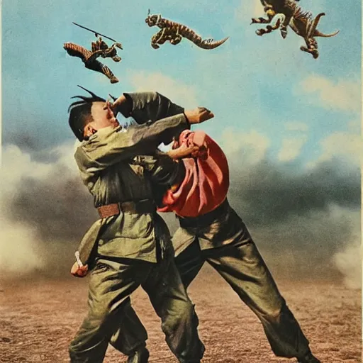 Prompt: photo of Japanese dogfighters fighting a giant oriental dragon, world war 2, Color,