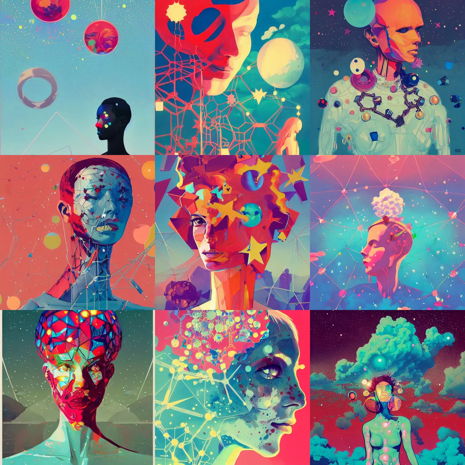 Prompt: surreal gouache painting, by conrad roset, by kilian eng, by good smile company, incredibly detailed, of floating molecules and a mannequin statue holding an icosahedron with stars, clouds, and rainbows in the background, cgsociety, artstation, modular patterned mechanical costume and headpiece, retrowave atmosphere